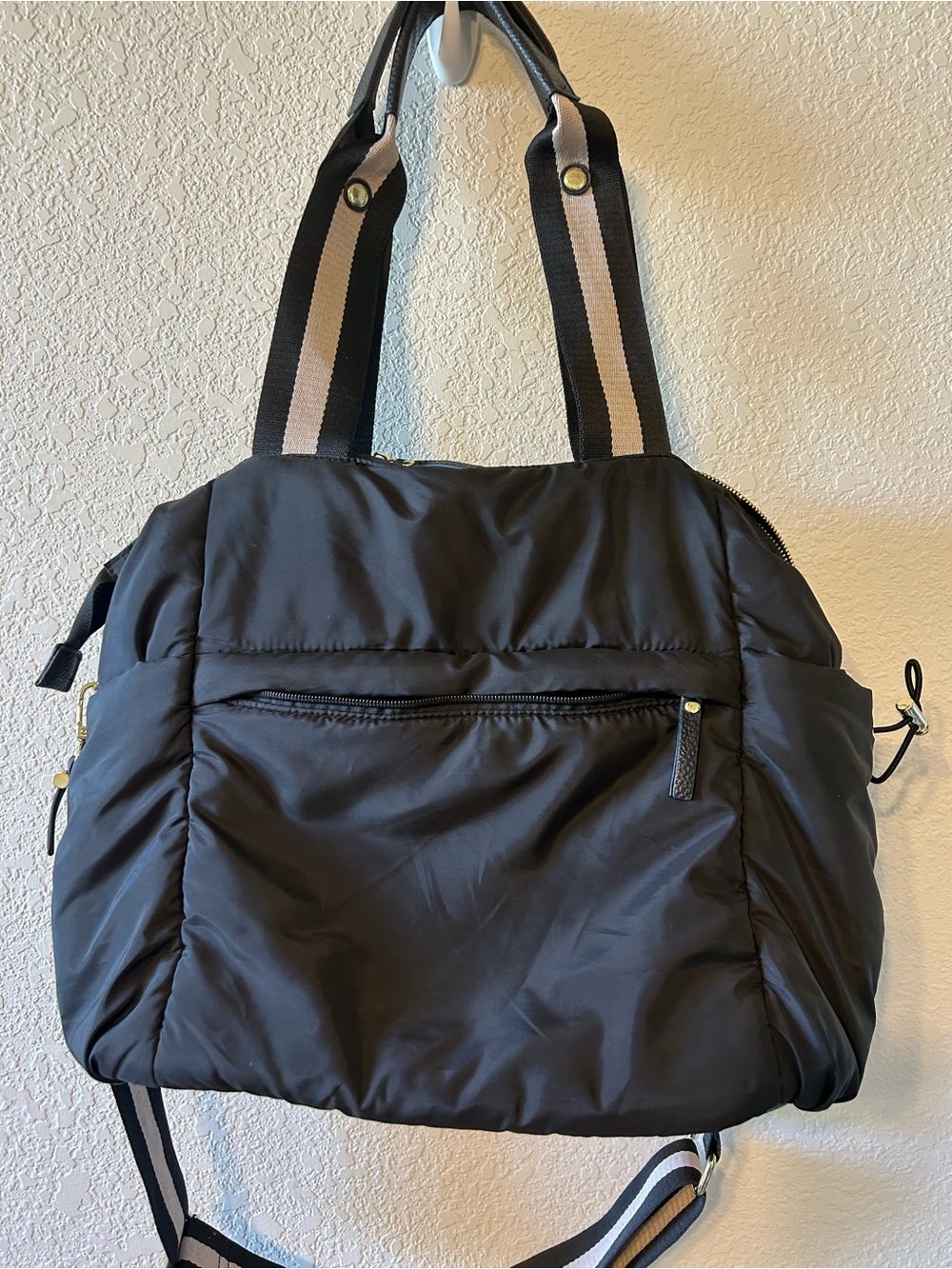 Black Quilted Nylon Tote Bag with Striped Strap - Picture 4 of 11
